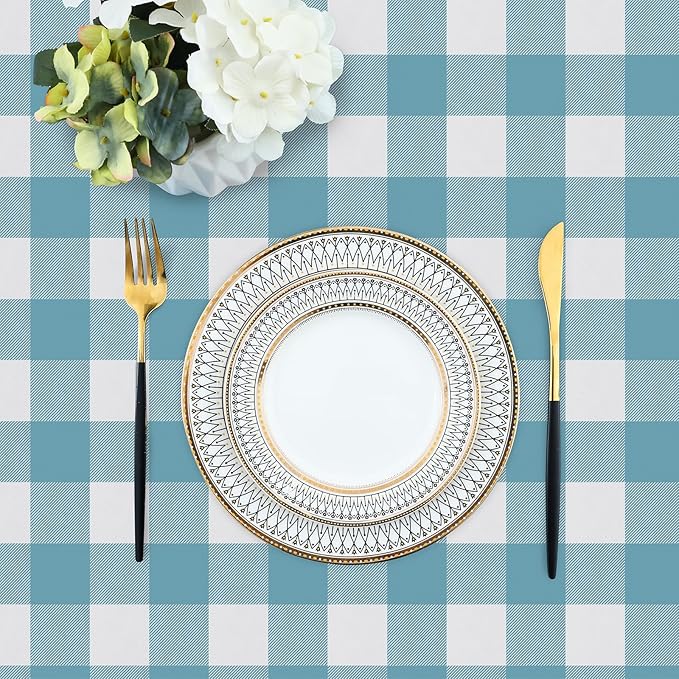 misaya Rectangle Waterproof Vinyl Table Cloth, Buffalo Flannel Backed Tablecloth, Wipeable Plastic Table Cover for Dinner, Kitchen, Outdoor (60" x 84", Aquamarine and White)