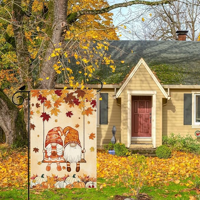 Fall Gnomes Swing Maple Leaves Pumpkins Autumn Garden Flag Yard Flag 12x18 Inch Double Sided Small Mini Yard Outdoor Outside Farmhouse Holiday Decoration