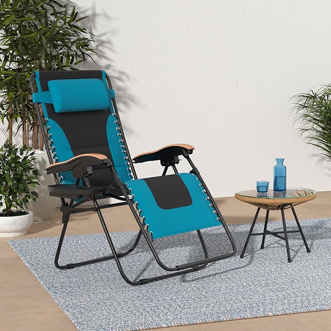 PHI VILLA XXL Oversized Padded Zero Gravity Chair, Foldable Patio Recliner, 30" Wide Seat Anti Gravity Lounger with Cup Holder, Set of 2, Support 400 LBS (Aqua)