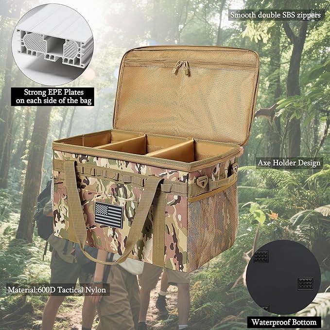 38L Tactical Camping Storage Bag with Axe Holder - Utility Tote Bag Camping Kitchen Organizer Trunk Organizer with Shoulder Strap (c)