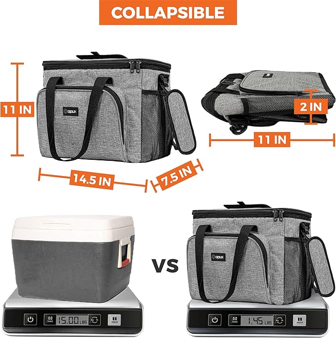 OPUX Soft Cooler Bag, Insulated Collapsible Lunch Cooler Tote for Men Work Camping Beach Travel, Portable Soft Sided Leakproof Waterproof Large Lunch Bag Box with Shoulder Strap 30 Cans, Heather Gray