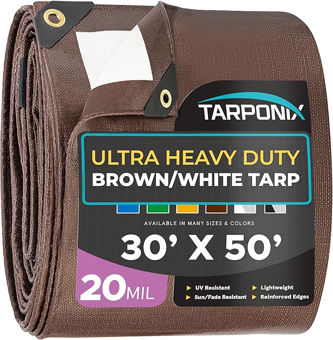 30' x 50' Ultra Heavy Duty Tarp – 20 Mil Brown/White Waterproof Outdoor Cover, UV Protection, Reinforced Corners, Ideal for Camping, Tent, and Outdoor Use
