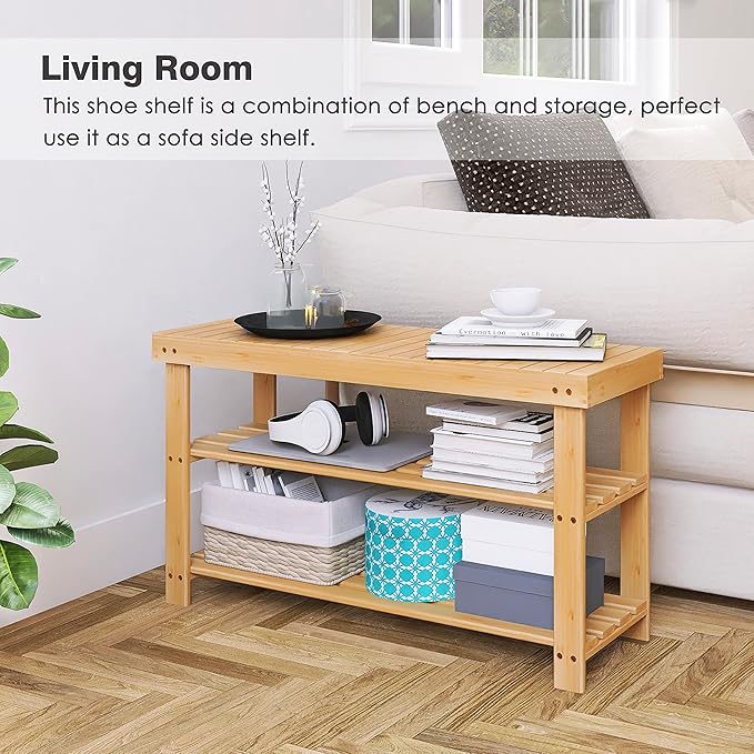 SMIBUY Bamboo Shoe Rack Bench, 3-Tier Shoe Organizer Storage Shelf for Entryway Hallway Bathroom Living Room (Natural)