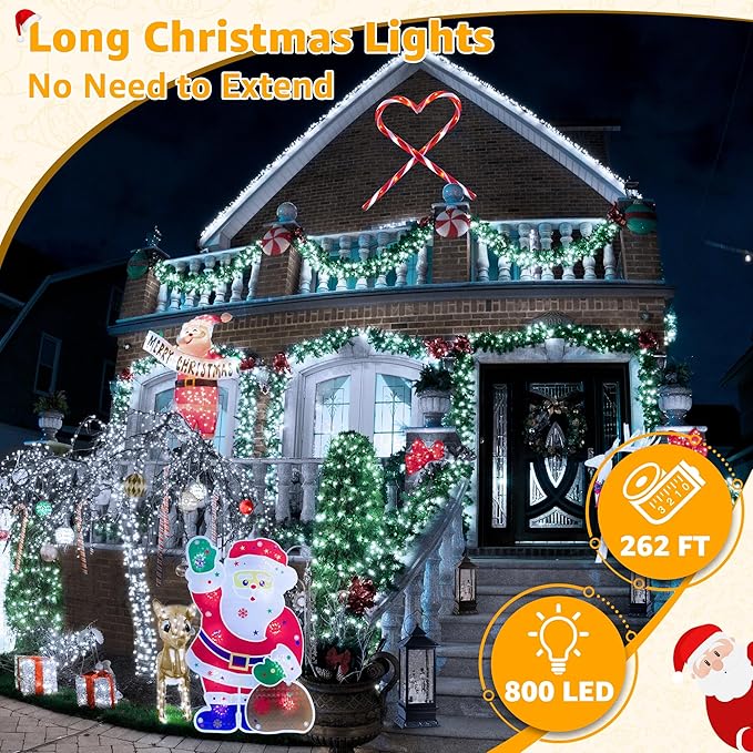 Ollny Christmas Lights Outdoor 800LED 262FT, Cool White Plug in Fairy Lights with Remote, 8 Modes Waterproof Timers Dimmable LED String Lights for Indoor House Outside Bedroom Patio Balcony