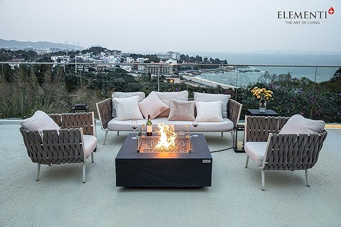 Elementi+ | Roraima Gas Fire Pit Cast Concrete 40" Square Fire Table, Outdoor Fire Pit Electronic Ignition | Canvas Cover, Fire Glass and Burner Lid Included | Dark Gray | Propane Gas