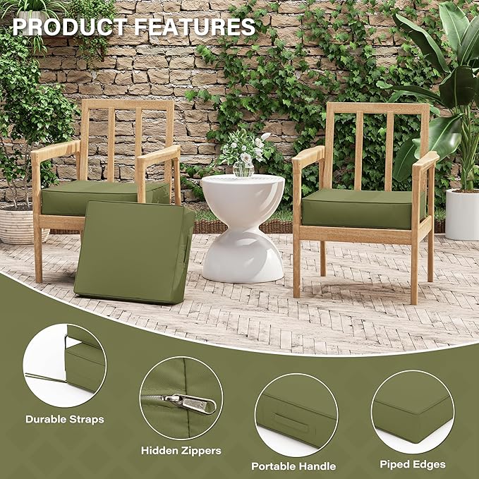 Patio Chair Cushions 18.5 X 16 X 4 Inch Waterproof Outdoor Seat Cushions for Patio Furniture, Outdoor Sofa Couch Pads with Ties & Handle, Set of 2, Light Green