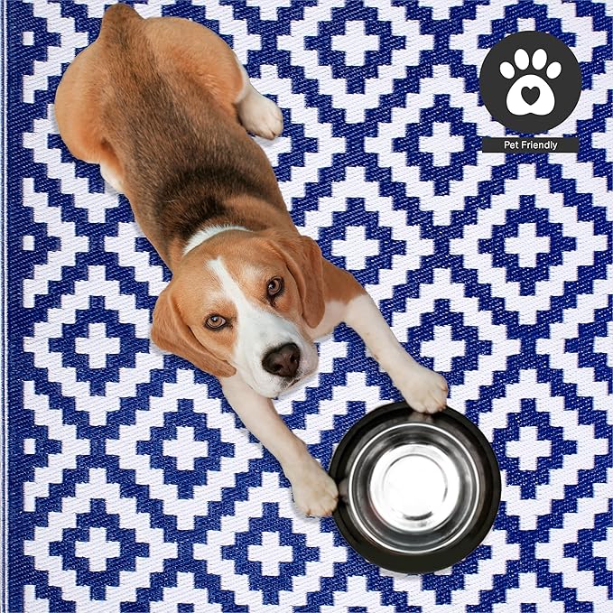 FH Home Outdoor Rug - Waterproof, Fade Resistant, Reversible - Premium Recycled Plastic - Geometric - Porch, Deck, Balcony, Mudroom, Laundry Room, Patio - Aztec - Blue & White Crease Free - 3 x 5 ft