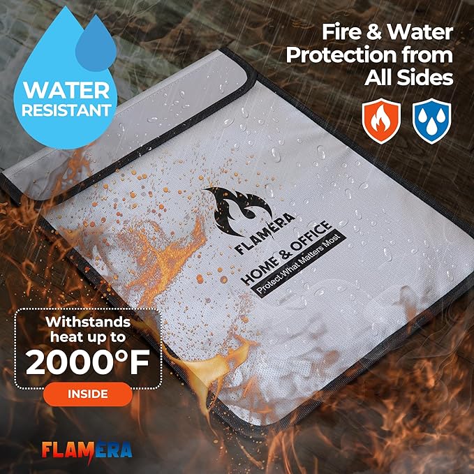 Fireproof and Water-Resistant Bag with Two Pockets and Secure Zipper – 15" x 11" Fireproof Money Bag, Heat Resistant up to 2000°F – Protects Documents, Cash, and Valuables for Home or Office