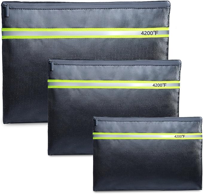Fireproof Document Bag – 3 Pack (15" x 11", 13" x 9.7", 10.5" x 8") Fireproof & Water- proof Document Organizer | Document Holder with Zipper Secure for Cash, Passports, Check& More
