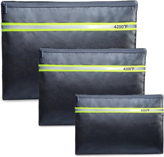 Fireproof Document Bag – 3 Pack (15" x 11", 13" x 9.7", 10.5" x 8") Fireproof & Water- proof Document Organizer | Document Holder with Zipper Secure for Cash, Passports, Check& More