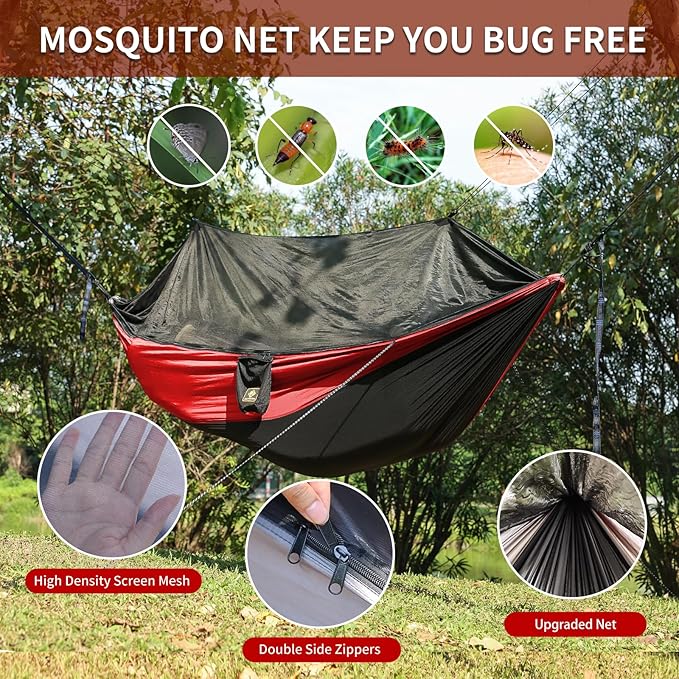 Camping Hammock with Net,Portable Lightweight Double Hammocks with Tree Straps and Solid D-Shape Carabiners,Parachute Nylon Hammock for Backpacking Beach Backyard Patio Hiking Black&Red