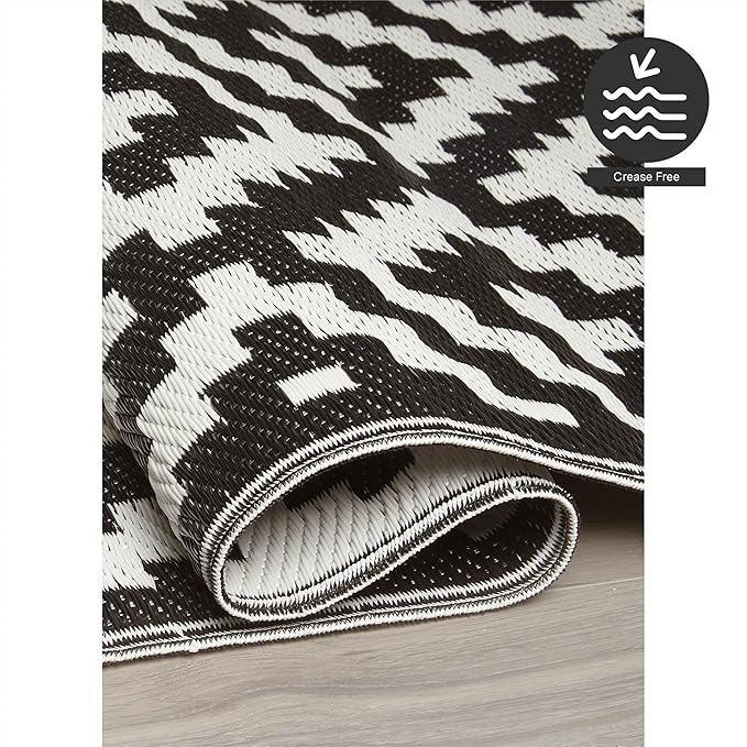 FH Home Outdoor Camping Rug - Waterproof, Fade Resistant, Reversible - Premium Recycled Plastic - Geometric - Picnic, Patio, Deck, Sunroom, RV - Aztec - Black & White - 4 x 6 ft Foldable
