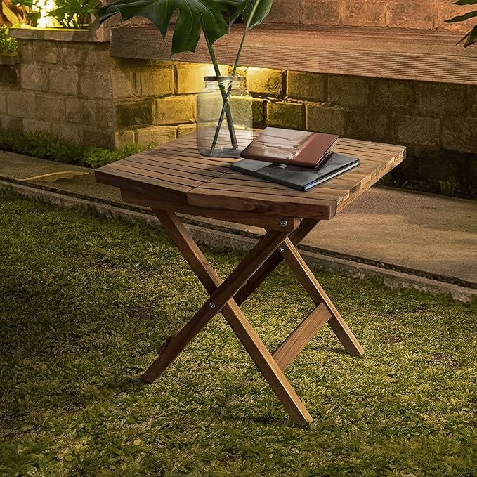 Melino Wooden Folding Table - Natural Acacia Wooden Small Foldable End Coffee Tables - FSC Certified Solid Wood Patio Side Table - Weather Resistant & Fully Assembled - Indoor and Outdoor Furniture