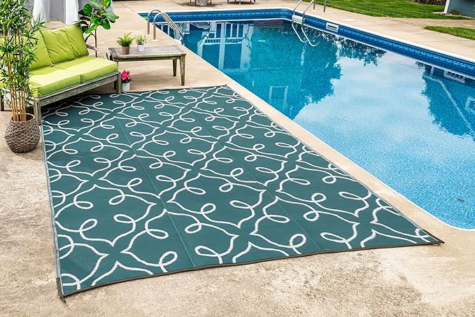 FH Home Outdoor Camping Rug - Waterproof, Fade Resistant, Reversible - Premium Recycled Plastic - Moroccan Lattice Tile - Large Patio, Deck, Sunroom, RV - Syracuse - Sea Green - 9 x 12 ft Foldable