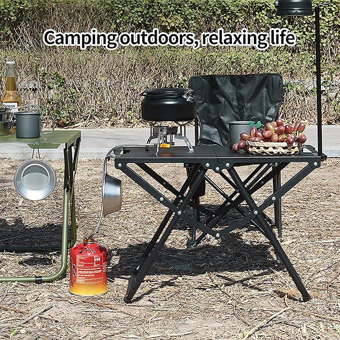 Folding Camping Table with Lantern Pole, Carbon Steel, Portable Outdoor Table for BBQ, Fishing, Hiking, Picnic