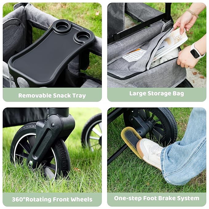 Wagon Stroller for 2 Kids, Foldable Kids Wagon Cart Featuring with Harnesses, Adjustable Double Push Handle, Removable Canopy, Snack Tray, Large Storage Bag, Gray