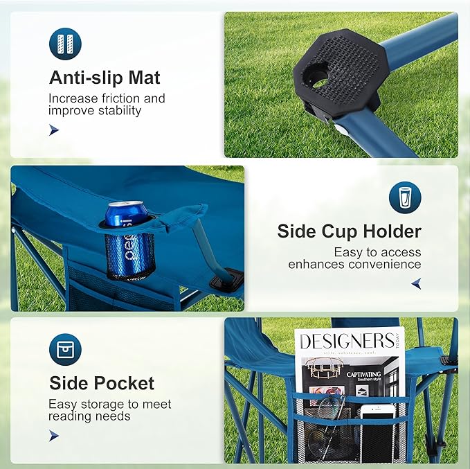 LET'S CAMP Camping Chair 2 Pack Folding Chair with 3-Can Cooler Bag Portable Lawn Chair with Cup Holder,Storage Pocket, Supports 225LBS, Collapsible Chair for Camp, Beach, Picnic (Blue)