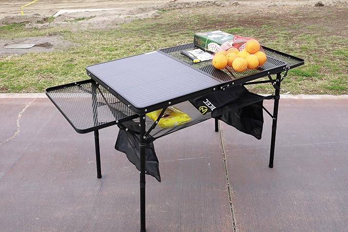 Nice C Camping Table, Grill Table, Tailgate Tables, Solar Panel Tables with USB, Type-C&DC Charging Cable, 42W Portable Solar Charger, 2 Side Shelves, Height Adjustable with Mesh Net&Cup Holders