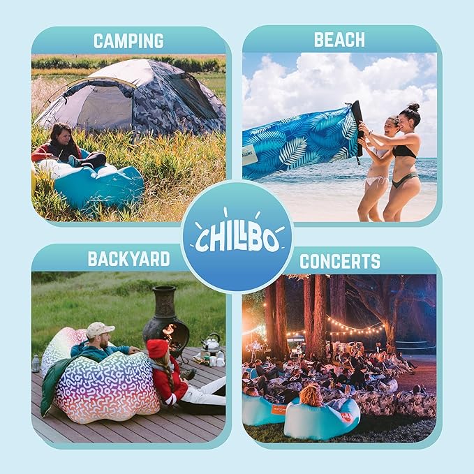 Chillbo Shwaggins Inflatable Couch – No-Pump Setup, Ripstop Polyester, Stability Pegs, Fun Prints, Portable Air Lounger for Beach, Camping, Festivals, and Tailgating - Turquoise