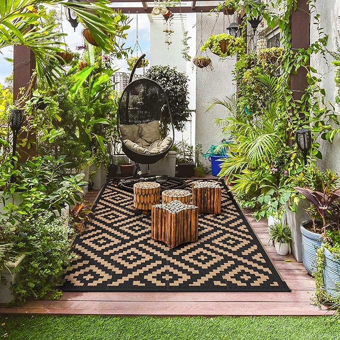 GENIMO Outdoor Rug for Patio Clearance,6'x9' Waterproof Mat,Reversible Plastic Camping Rugs,Rv,Deck,Porch,Camper,Balcony,Backyard (Black & Brown)