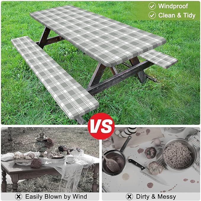 Picnic Table Cover with Bench Covers Camping Tablecloth with Storage Bag Windproof Waterproof Picnic Table Covers with Elastic for Camping