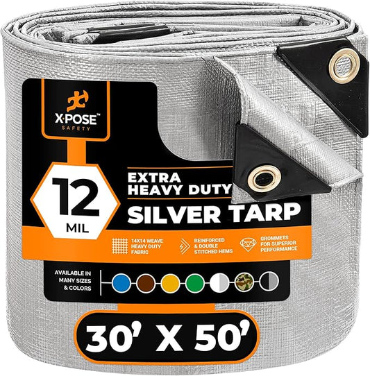 Heavy Duty Silver Poly Tarp 30' X 50' - Multipurpose Protective Cover - Durable, Waterproof, Weather Proof, Rip and Tear Resistant - Extra Thick 12 Mil Polyethylene - by Xpose Safety