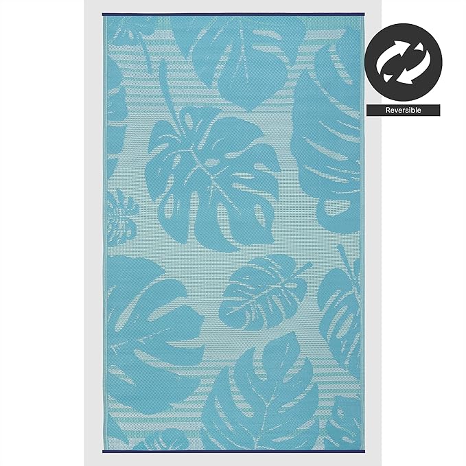 FH Home Outdoor Rug - Waterproof, Fade Resistant, Reversible - Premium Recycled Plastic - Tropical, Botanical - Patio, Deck, Porch, Balcony - Hana Leaves - Blue Crease Free - 5 x 8 ft