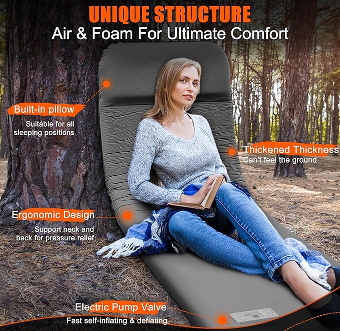 Self Inflating Sleeping Pad with Electric Pump, TPYOCQU 3.15" Memory Foam Camping Mattress Sleeping Mat with Pillow, Easy Inflate&Deflate 9.5 R-Value Insulated Camping Pad Mattress for Travel Car Tent