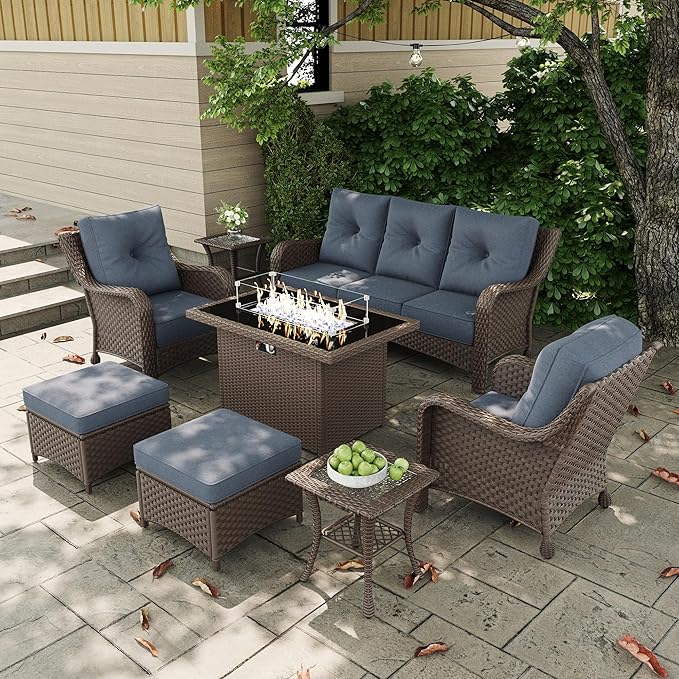 7 Pieces Outdoor Patio Furniture Sets with Single Chairs with 6-inch Thick Cushion and Fire Pit Table for Deck Lawn