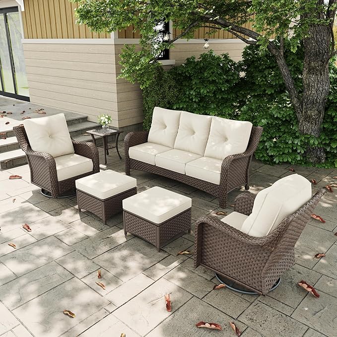 6 Pieces Outdoor Patio Furniture Sets with Rocking Swivel Chairs with 6-inch Thick Cushion and Side Table for Deck Lawn