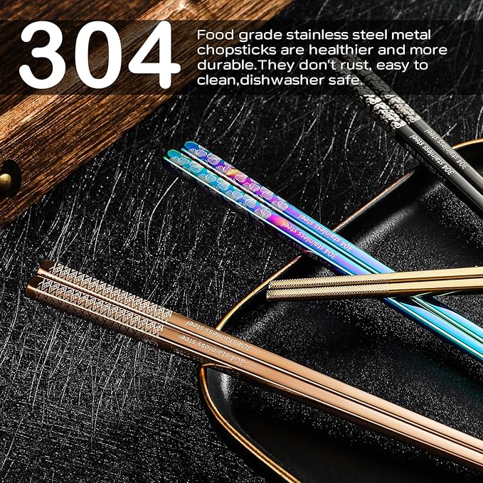 8 Pairs Metal Chopsticks Reusable Multicolor Stainless Steel Chopsticks Set Laser Engraved Non-slip Japanese Korean Chinese Chopstick for Cooking Eating Dishwasher Safe 9.25" Chop Sticks Gift Set