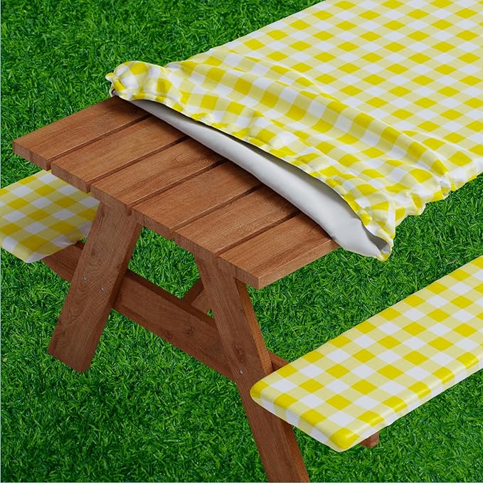 Sorfey Picnic Table Cover with Bench Covers -Fitted with Elastic, Vinyl with Flannel Back, Fits for Table 30"x 60" Rectangle,Water Proof, Checked Yellow Design