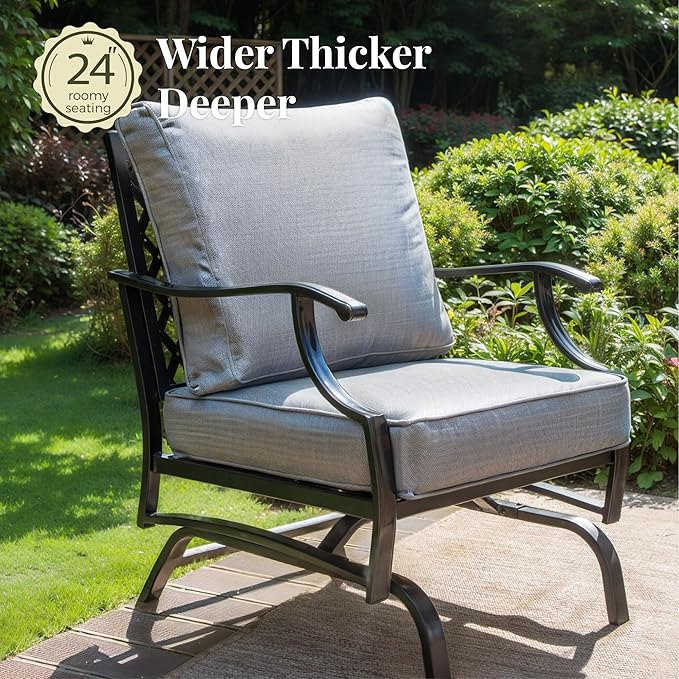 Patio Furniture Set with Fire Pit Table, 5 Pcs Metal Outdoor Conversation Set, 4 Rocking Chairs with 5.75" Extra Thick Cushion and 28" Fire Pit Table for Backyard Deck, Grey