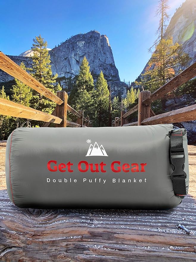 Double Puffy Camping Blanket - Extra Puffy, Packable, Lightweight and Warm | Ideal for Outdoors, Travel, Stadium, Festivals, Beach, Hammock | Water-Resistant Camp Quilt (Gray/Burgundy)