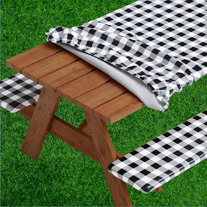 Sorfey Picnic Table Cover with Bench Covers -Fitted with Elastic, Vinyl with Flannel Back, Fits for Table 30"x 96" Rectangle,Water Proof, Checked Black Design