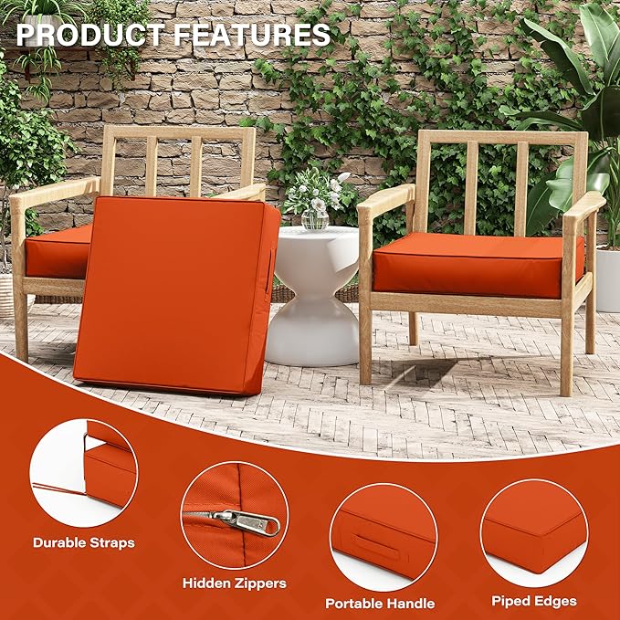 Patio Chair Cushions 24 X 24 X 5 Inch Waterproof Outdoor Seat Cushions for Patio Furniture, Outdoor Sofa Couch Pads with Ties & Handle, Set of 2, Orange