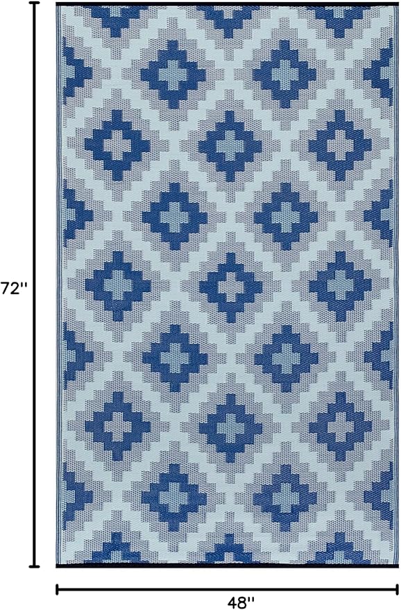 FH Home Outdoor Rug - Waterproof, Fade Resistant, Reversible - Premium Recycled Plastic - Geometric - Patio, Deck, Porch, Balcony, Laundry Room - Aztec Kilim - Blue Multi Crease Free - 4 x 6 ft