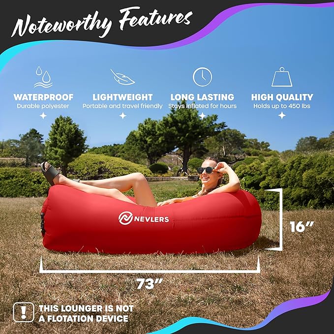 Nevlers 2 Pack Inflatable Loungers Air Sofa Couch | Perfect for Beach Chair Camping Chairs or Portable Hammock |Travel Bag Pouch, Pegs & 3 Pockets| Movie Seating & Camping Accessories Blow Up Lounger