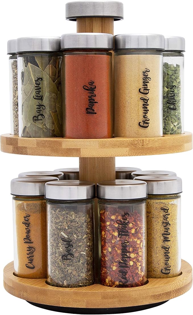 Orii 16 Jar Spice Rack with Spices Included - Rotating Countertop 2 Tier Tower Organizer for Kitchen Spices and Seasonings, (Bamboo Wood)