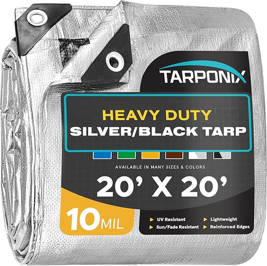 20' x 20' Dual-Sided Heavy-Duty Tarp – 10 Mil Tear-Resistant Silver & Black Cover with Reinforced Edges and Anti-Rust Grommets