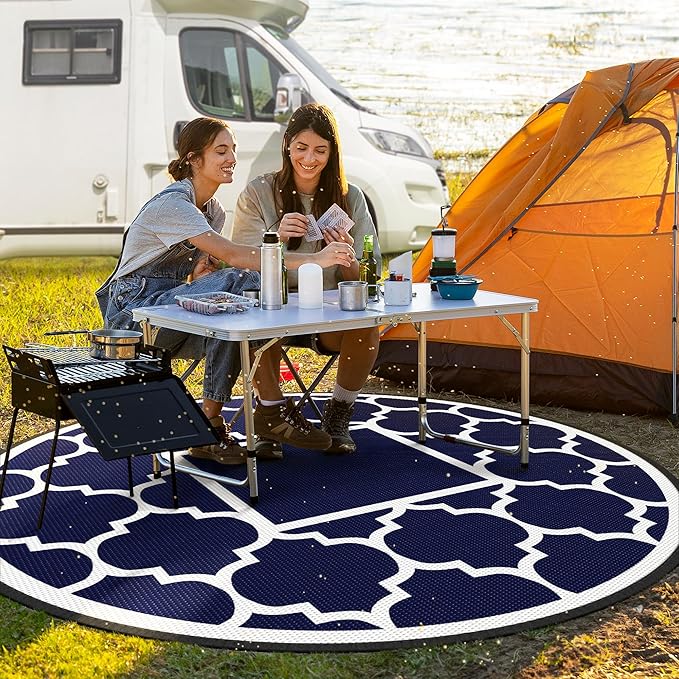 GENIMO 8' Round Outdoor Rug Waterproof for Patio Decor, Foldable Reversible Plastic Straw Area Rugs Mat for Rv, Outside Carpet for Camper, Deck, Picnic, Beach, Balcony, Camper, Blue & White