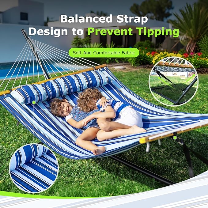 Double Hammock with Stand for Outdoor, Heavy Duty Portable Hammock with Adjustable Steel Stand for Patio, Garden, Beach, Backyard - Includes Carrying Bag,Blue