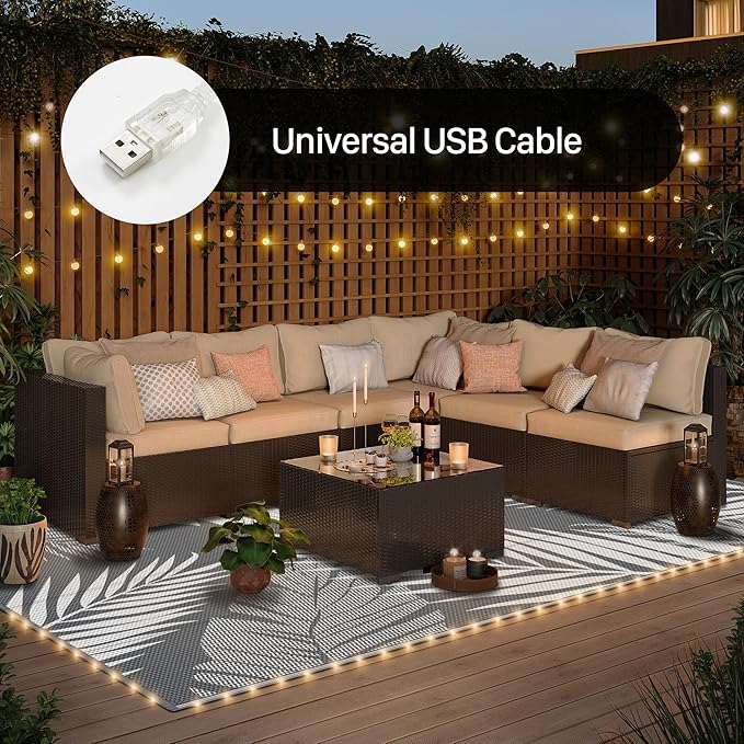 GENIMO Outdoor Rug 9' x 12' Waterproof for Patios Clearance, Reversible Outdoor Plastic Straw Camping Rug Carpet with LED String Light, Area Rugs Mats for RV, Camper, Deck, Balcony, Porch, Grey&White