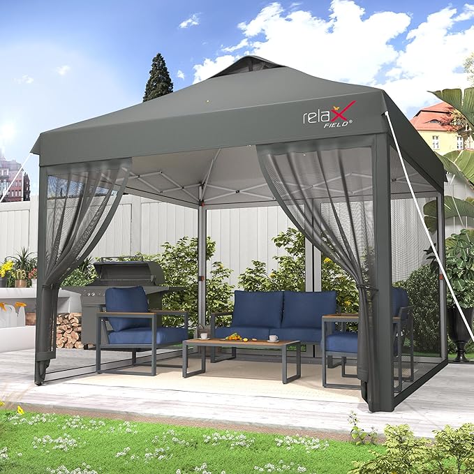 10x10 Pop Up Canopy Tent with Mosquito Netting, Outdoor Portable Screen Tent for Yard, Party, Camping and Picnic, 3 Height Positions, Patio Gazebo with Roller Bag and 4 Sandbags