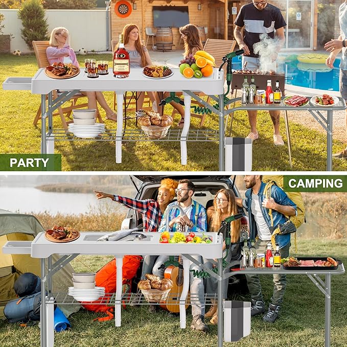 Dragosum Fish Cleaning Table, Portable Folding Camping Table with Folding Grill Extension Board, Fish Cleaning Station with Dual Sinks, Hose Hook Up