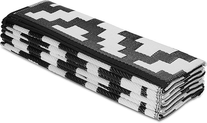 FH Home Outdoor Camping Rug - Waterproof, Fade Resistant, Reversible - Premium Recycled Plastic - Geometric - Picnic, Patio, Deck, Sunroom, RV - Aztec - Black & White - 4 x 6 ft Foldable