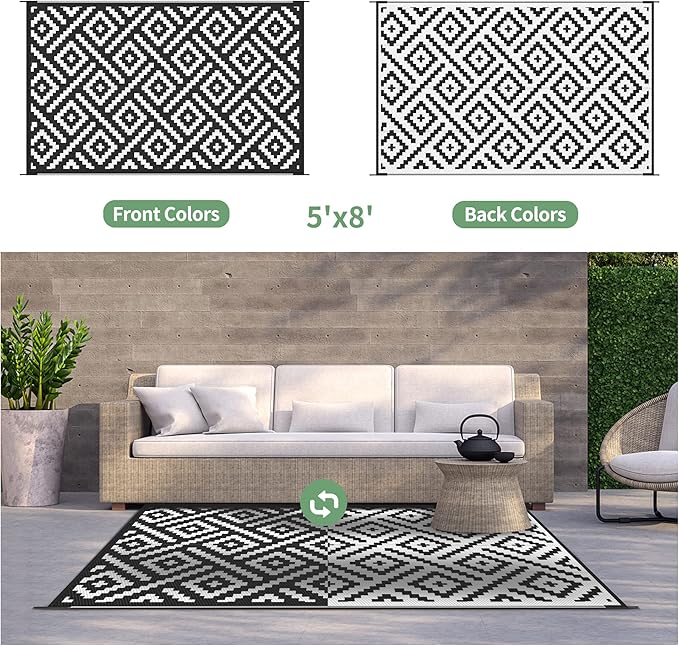 GENIMO 5x8 Outdoor Rug Waterproof, Reversible Mats, Outdoor Area Rug, Plastic Outside Carpet, Geometric Rv Mat for Patio Camping Rv Picnic Backyard Deck Balcony Porch Beach Trailer (Black & White)