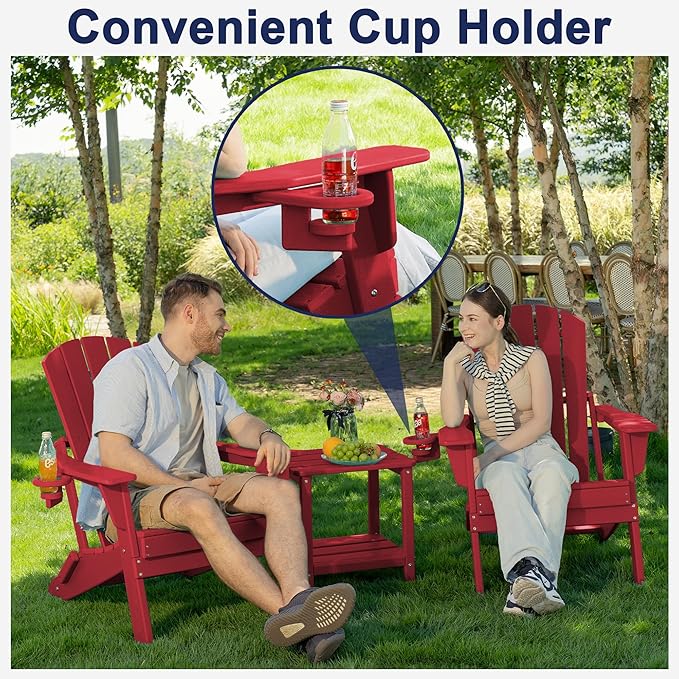 Folding Adirondack Chair Set of 2,Cup Holder,Wooden Textured,Heavy All-Weather HDPE Outdoor Chairs, Poolside Backyard Lawn,Red