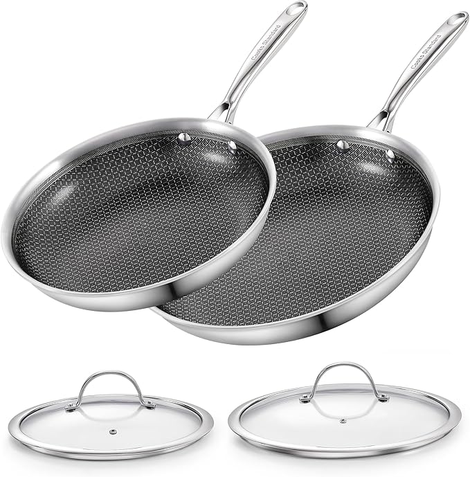 Cooks Standard Hybrid Nonstick Frying Pan Set, 10 and 12-Inch Multi-Ply Clad Stainless Steel 2 Piece Skillet with Tempered Glass Lids, Oven Safe, Compatible with All Stovetops