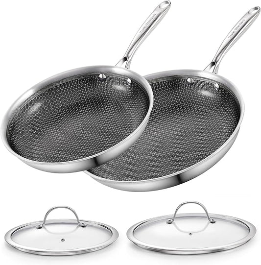 Cooks Standard Hybrid Nonstick Frying Pan Set, 10 and 12-Inch Multi-Ply Clad Stainless Steel 2 Piece Skillet with Tempered Glass Lids, Oven Safe, Compatible with All Stovetops